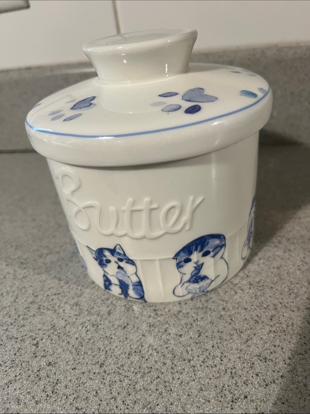Ceramic Cat Butter Dish with Lid - White and Blue